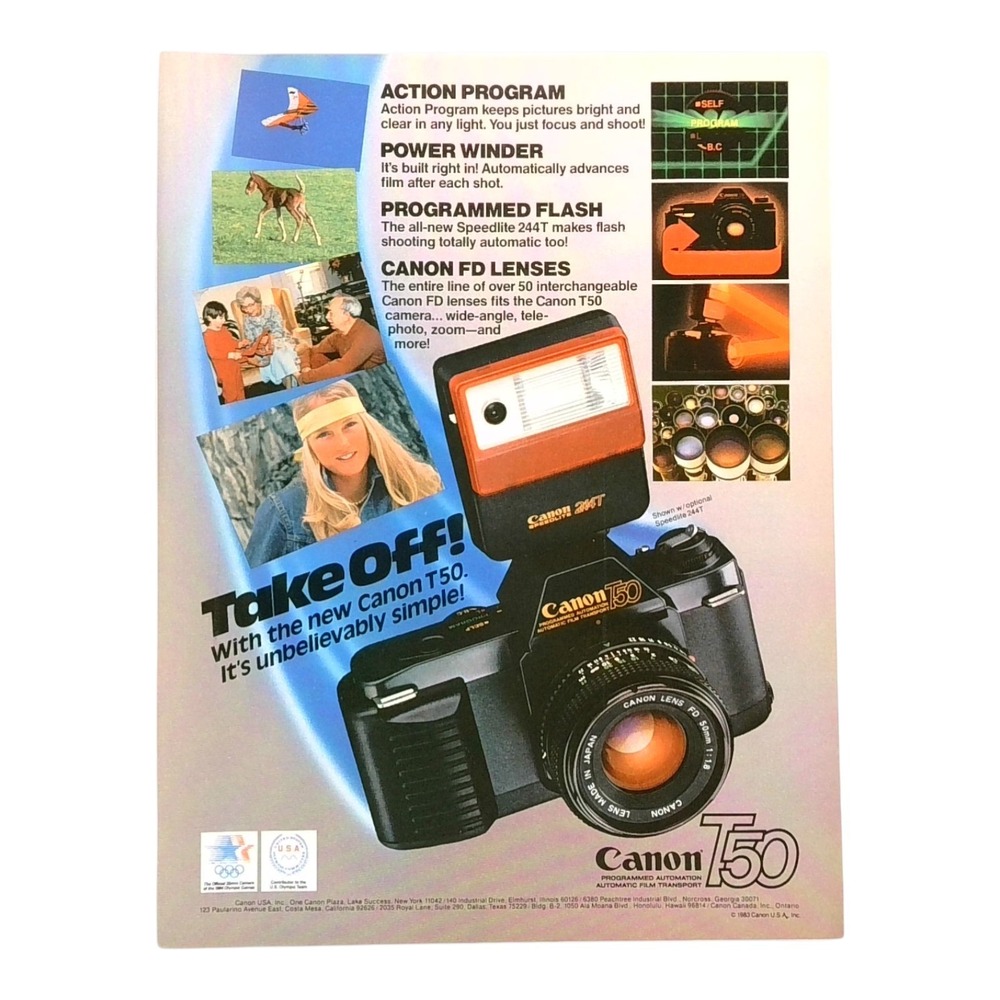 1983 Canon T50‎ Camera Vintage Print Ad - Action Program Power Winder Flash
